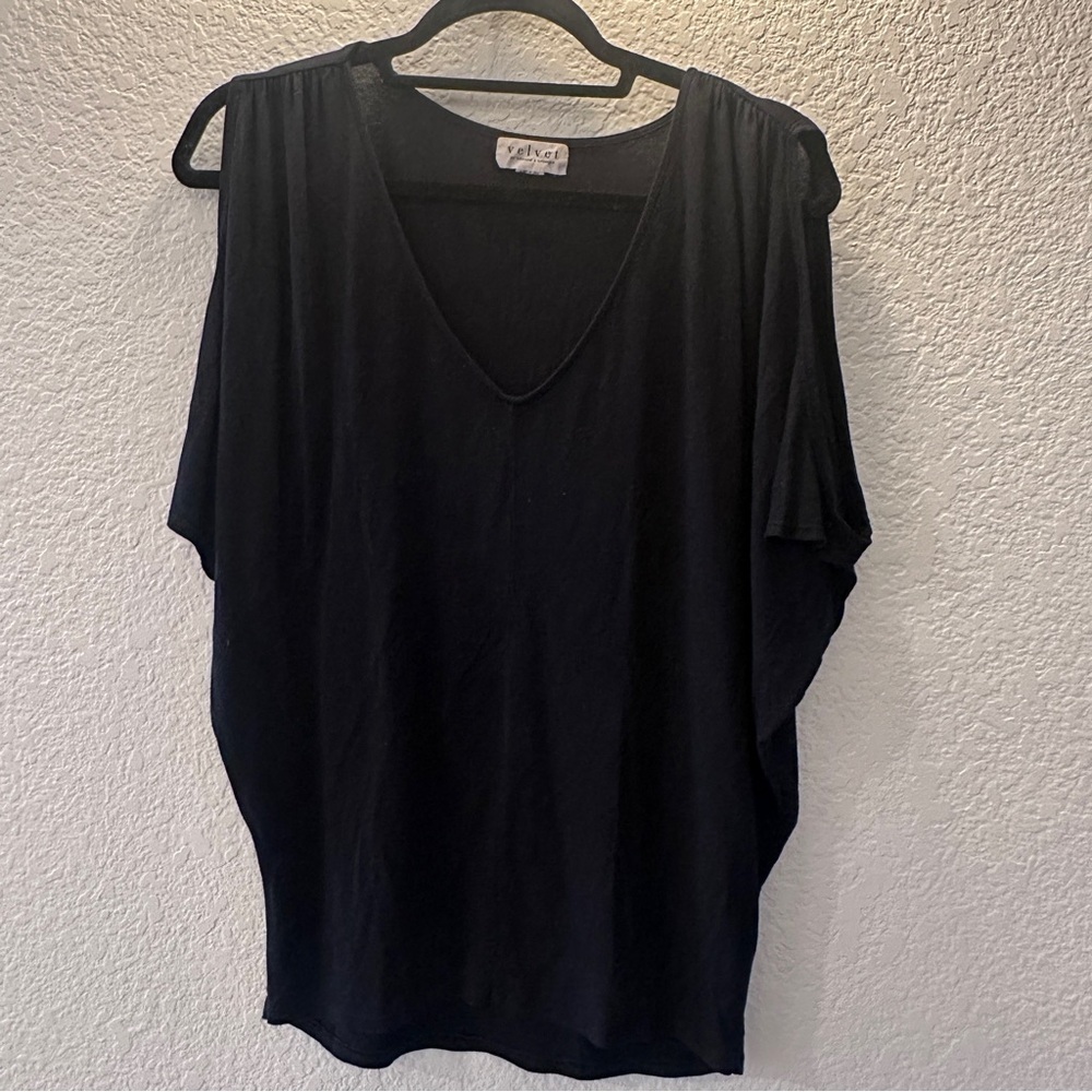 Velvet Classic Black Draped Open-Shoulder Top Size Small Made in USA Cotton